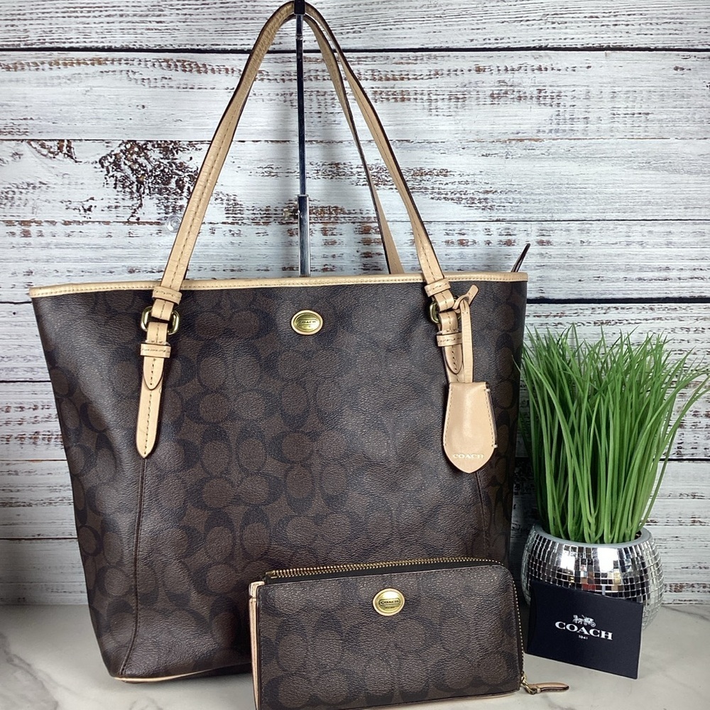 Coach Vintage Peyton Bag Brown Black Signature Tote with Wallet‎ Purse - Picture 10 of 16